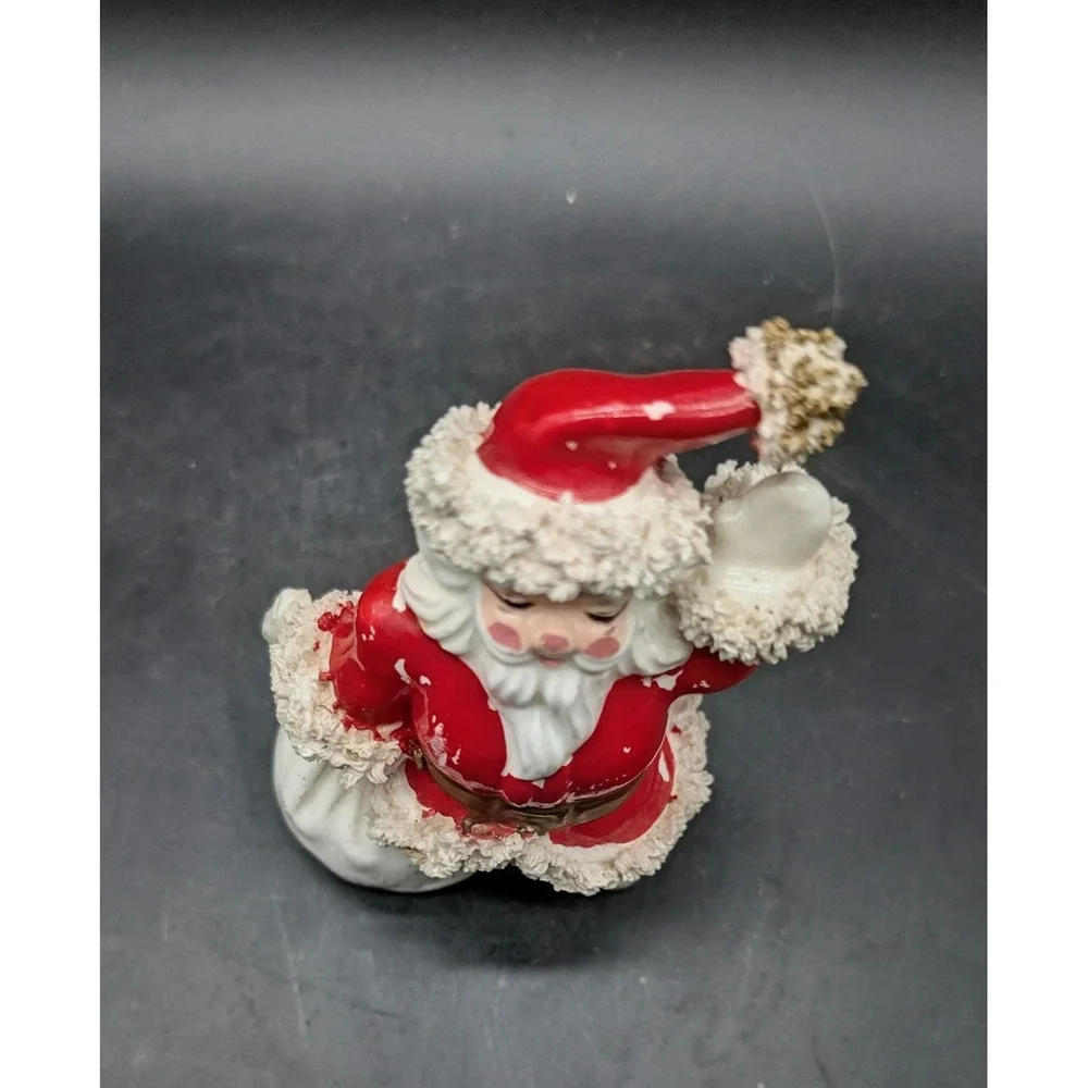 Vintage Ceramic Santa Claus‎ Figurine Spaghetti Trim Red White Waving 4 inch